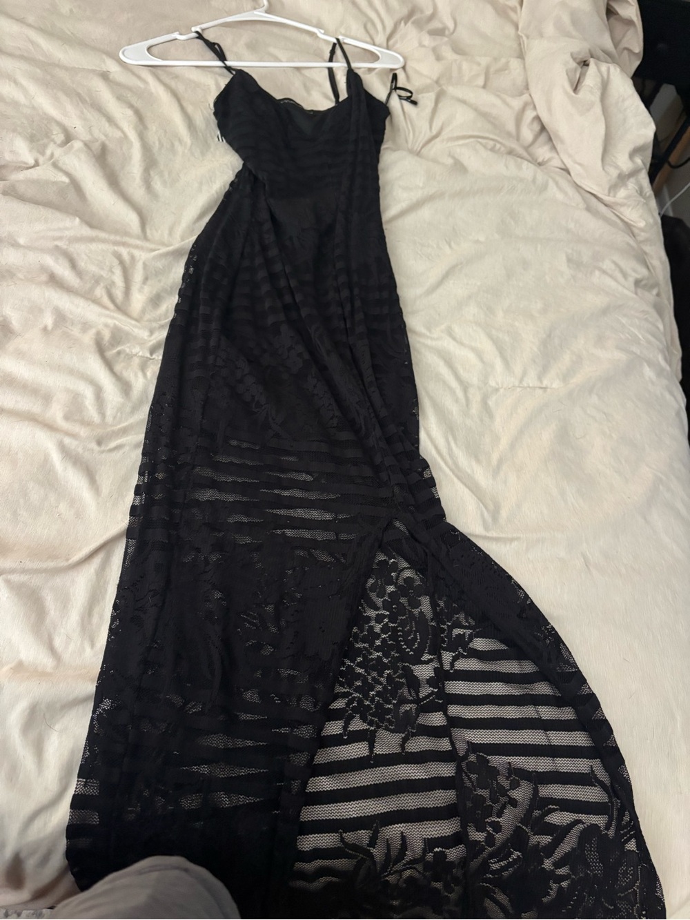 Symphony Black Lace Maxi Dress with Sheer Stripe & Floral Panels